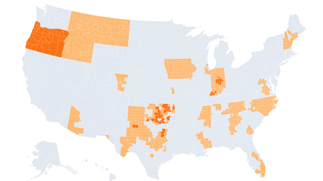 County-level map of 2027 ACA insurer market exits, shaded by number of carriers withdrawing