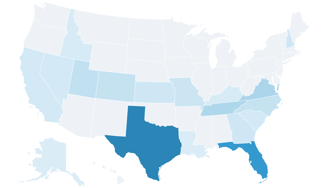 State-level map of HCA Healthcare hospital counts, concentrated in Texas and Florida